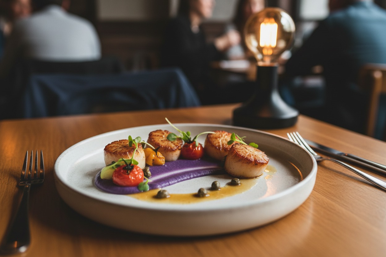 Seared scallops served with purple puree, cherry tomatoes, and capers on a white plate in a restaurant setting.